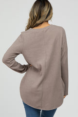 Taupe Ribbed Long Sleeve Curved Hem Top