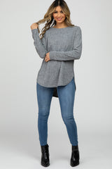 Heather Grey Ribbed Long Sleeve Curved Hem Top