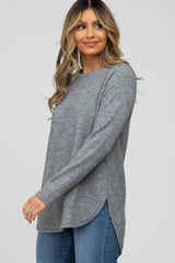 Heather Grey Ribbed Long Sleeve Curved Hem Top