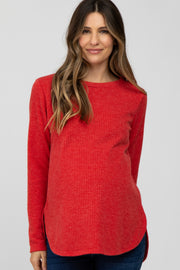 Red Ribbed Long Sleeve Curved Hem Maternity Top