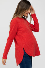 Red Ribbed Long Sleeve Curved Hem Maternity Top