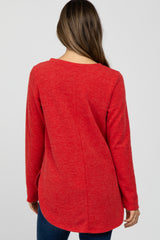 Red Ribbed Long Sleeve Curved Hem Maternity Top