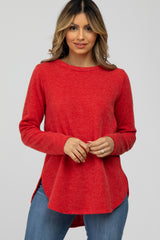 Red Ribbed Long Sleeve Curved Hem Maternity Top