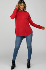 Red Ribbed Long Sleeve Curved Hem Top