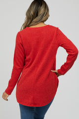 Red Ribbed Long Sleeve Curved Hem Top