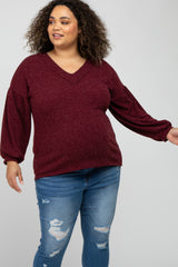 Burgundy Long Puff Sleeve Maternity Plus Top