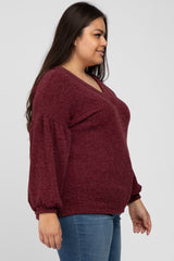 Burgundy Long Puff Sleeve Plus Top