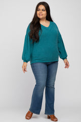 Teal Long Puff Sleeve Plus Top