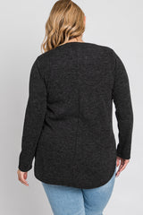 Charcoal Ribbed Long Sleeve Curved Hem Plus Top