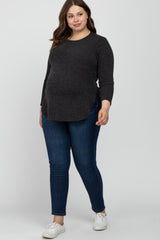 Charcoal Ribbed Long Sleeve Curved Hem Plus Maternity Top