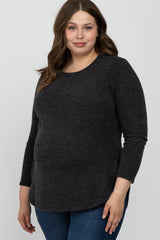 Charcoal Ribbed Long Sleeve Curved Hem Plus Maternity Top