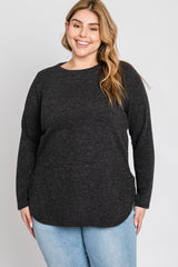 Charcoal Ribbed Long Sleeve Curved Hem Plus Top