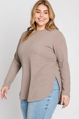 Taupe Ribbed Long Sleeve Curved Hem Plus Top