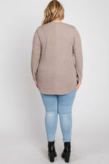 Taupe Ribbed Long Sleeve Curved Hem Plus Top