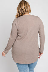 Taupe Ribbed Long Sleeve Curved Hem Plus Top