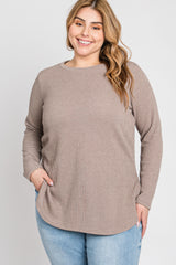 Taupe Ribbed Long Sleeve Curved Hem Plus Top