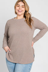 Taupe Ribbed Long Sleeve Curved Hem Plus Top