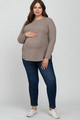 Taupe Ribbed Long Sleeve Curved Hem Plus Maternity Top