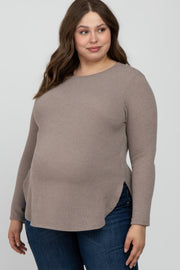 Taupe Ribbed Long Sleeve Curved Hem Plus Maternity Top