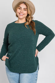 Forest Green Ribbed Long Sleeve Curved Hem Plus Top