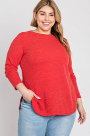 Red Ribbed Long Sleeve Curved Hem Plus Top