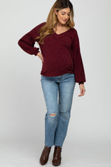 Burgundy Long Puff Sleeve Maternity Top