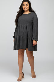 Charcoal Brushed Knit Tiered Plus Dress