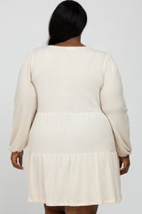 Cream Brushed Knit Tiered Plus Dress