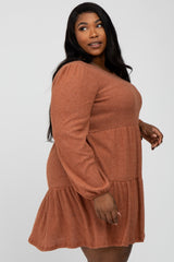 Rust Brushed Knit Tiered Plus Dress