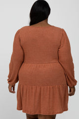 Rust Brushed Knit Tiered Plus Dress