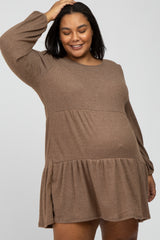 Mocha Brushed Knit Tiered Maternity Plus Dress