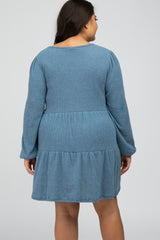 Blue Brushed Knit Tiered Plus Dress