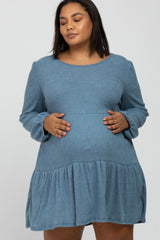 Blue Brushed Knit Tiered Maternity Plus Dress