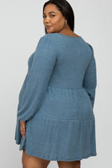 Blue Brushed Knit Tiered Maternity Plus Dress