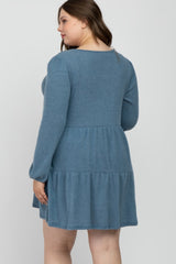 Blue Brushed Knit Tiered Maternity Plus Dress