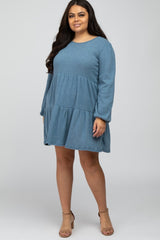 Blue Brushed Knit Tiered Maternity Plus Dress