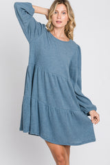 Blue Brushed Knit Tiered Dress