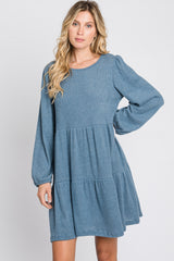 Blue Brushed Knit Tiered Dress