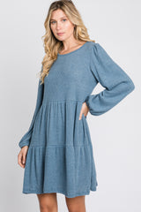 Blue Brushed Knit Tiered Dress