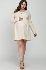 Cream Brushed Rib Button Accent Maternity Plus Dress