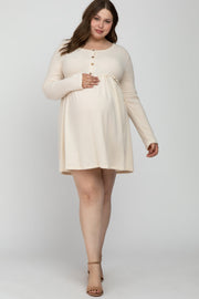 Cream Brushed Rib Button Accent Maternity Plus Dress