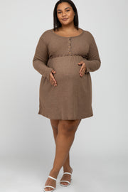 Mocha Brushed Rib Button Accent Maternity Plus Dress