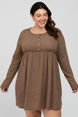 Mocha Brushed Rib Button Accent Maternity Plus Dress