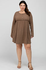 Mocha Brushed Rib Button Accent Plus Dress