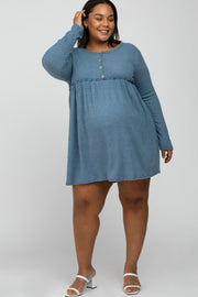 Blue Brushed Rib Button Accent Maternity Plus Dress