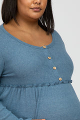 Blue Brushed Rib Button Accent Maternity Plus Dress