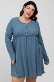 Blue Brushed Rib Button Accent Plus Dress