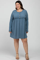 Blue Brushed Rib Button Accent Plus Dress