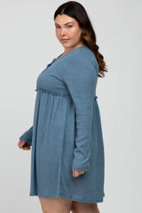 Blue Brushed Rib Button Accent Plus Dress