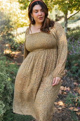 Yellow Printed Smocked Long Sleeve Plus Dress